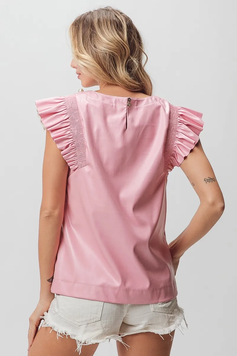 BiBi Leather Smocked Ruffled Top - Image 10