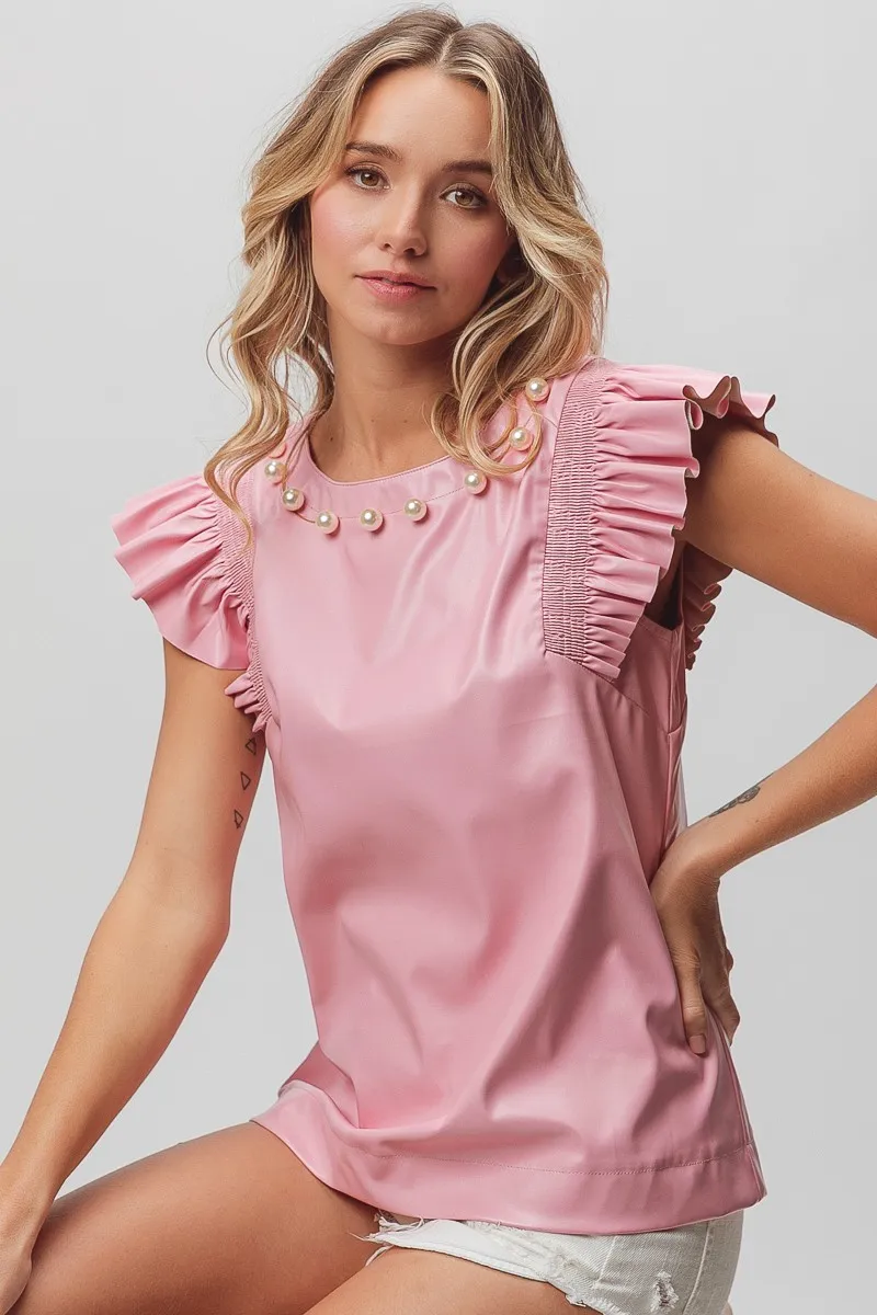 BiBi Leather Smocked Ruffled Top - Image 11