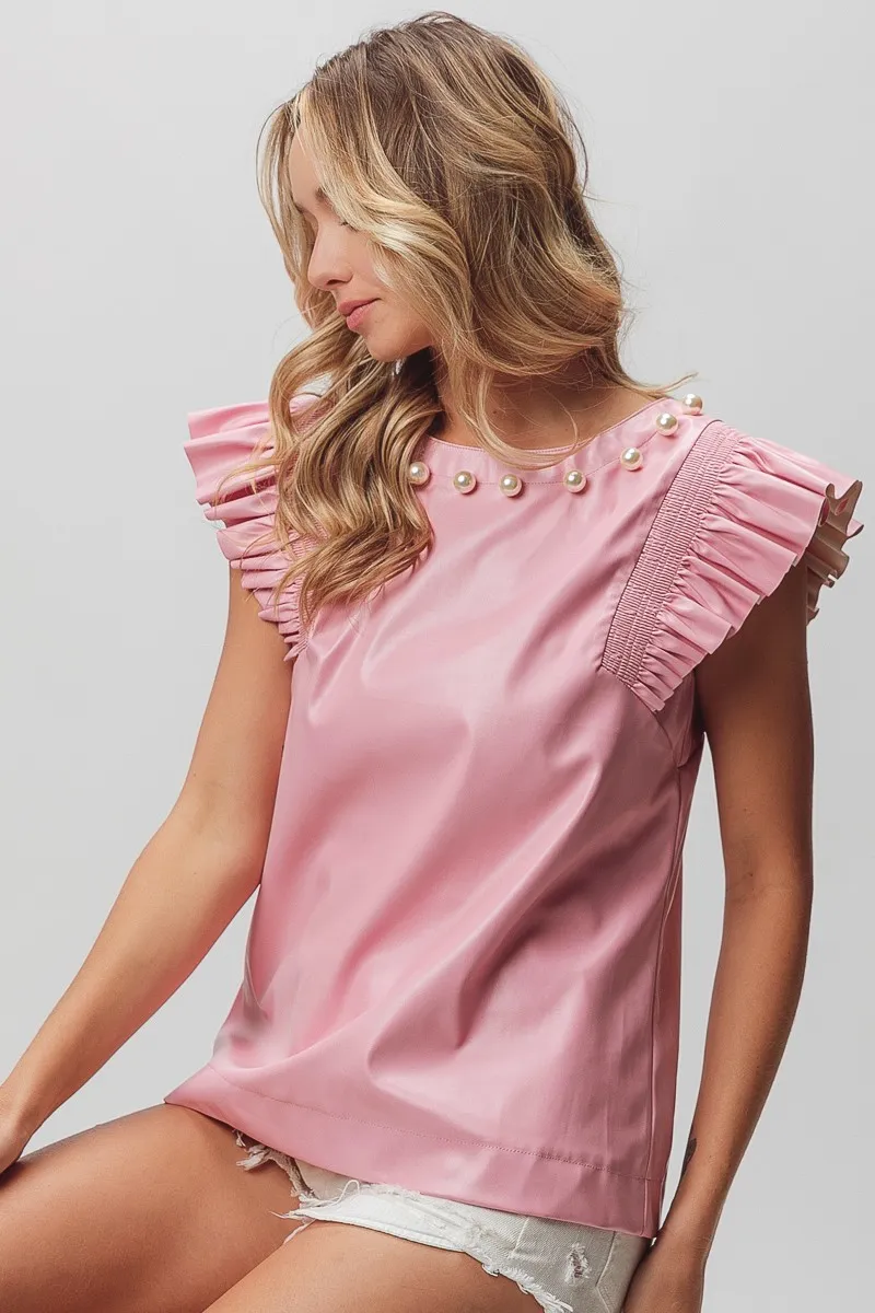BiBi Leather Smocked Ruffled Top - Image 6