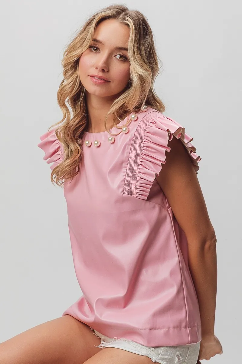 BiBi Leather Smocked Ruffled Top - Image 8