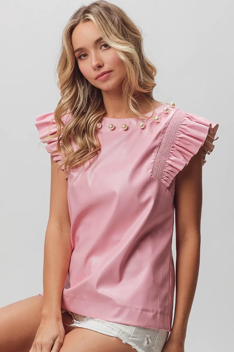 BiBi Leather Smocked Ruffled Top - Image 9