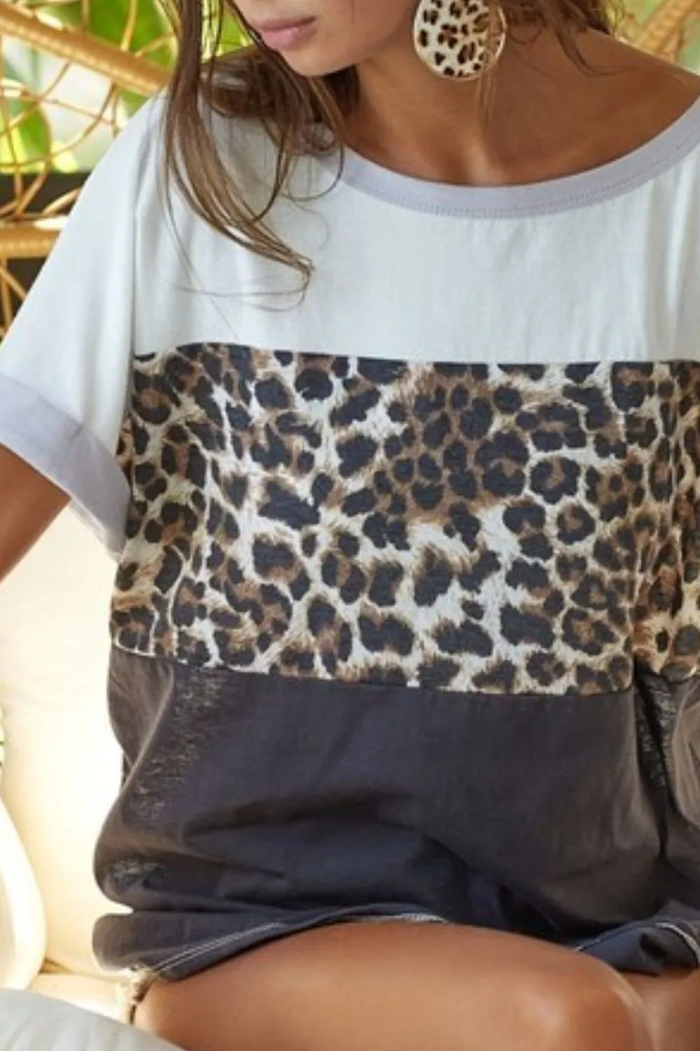 BiBi Leopard Printed Jersey  Color Block Roll Up Top - Image 3