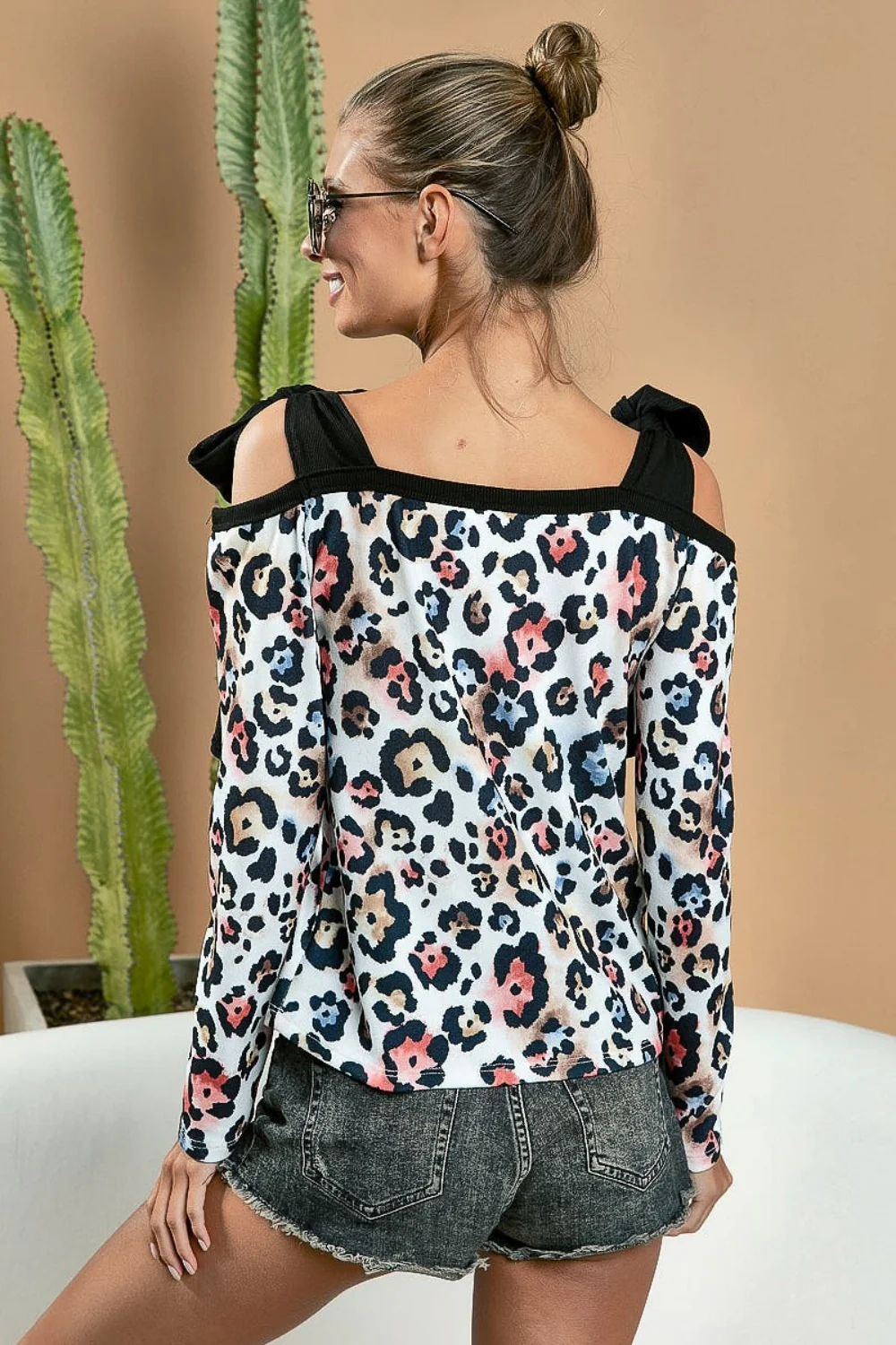 BiBi Leopard Shoulder Tie Long Sleeve Top - Image 2