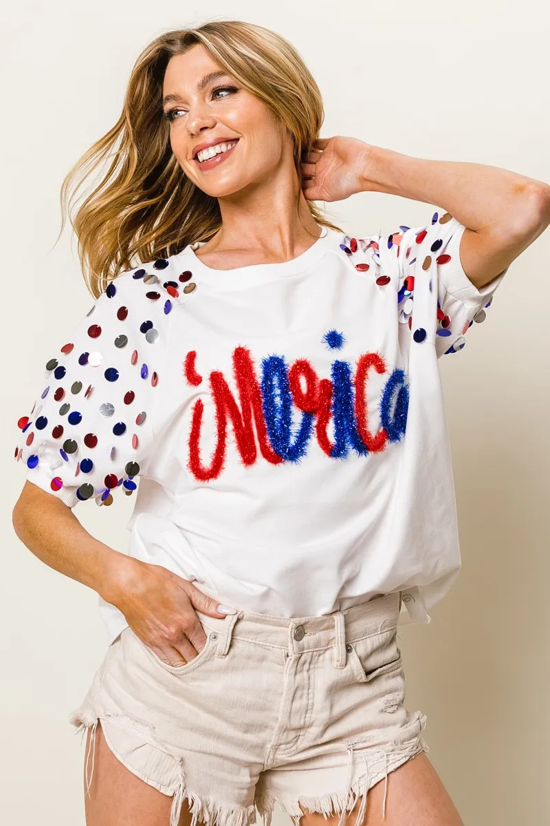 BiBi Metallic Letter Spangle Raglan Puff Sleeve Top