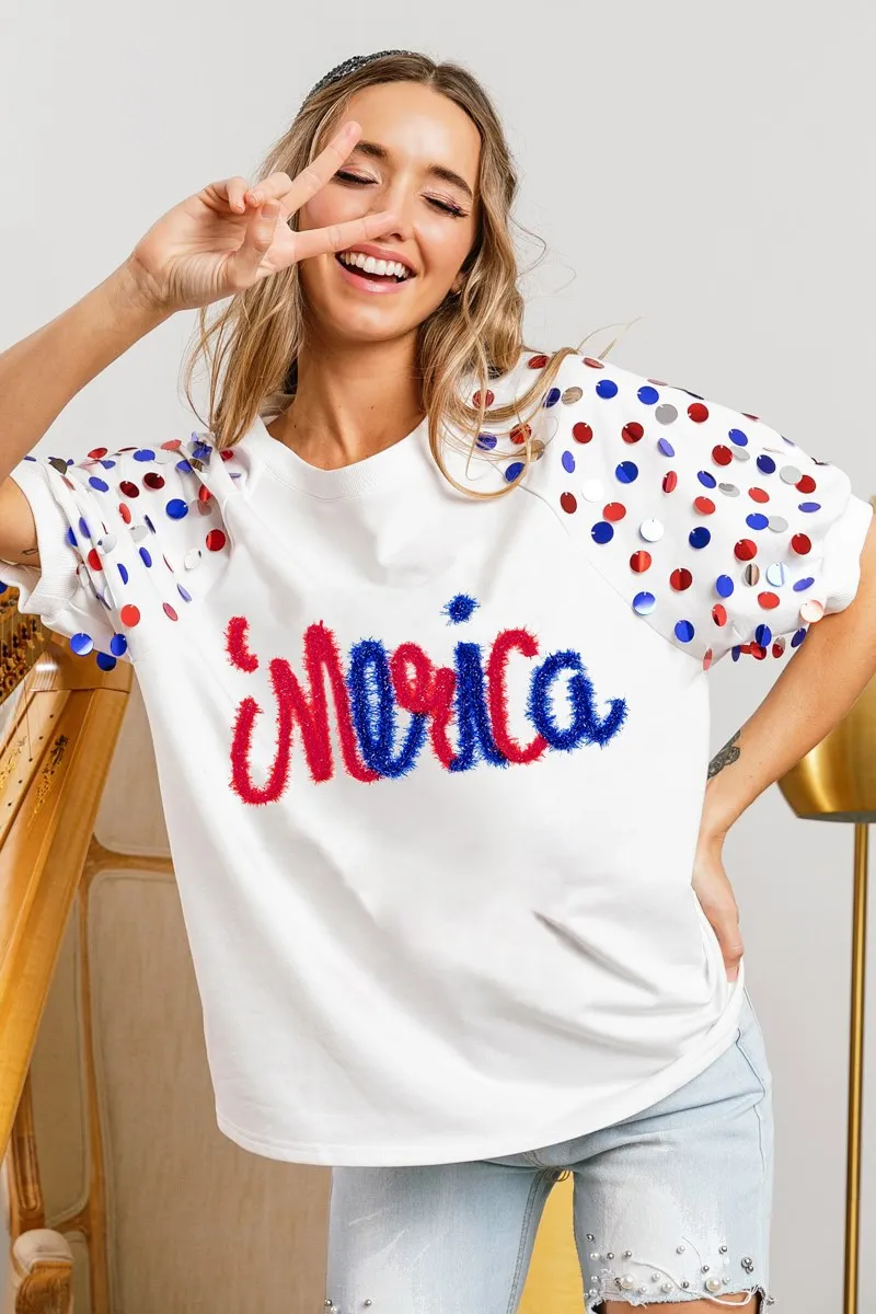 BiBi Metallic Letter Spangle Raglan Puff Sleeve Top - Image 2