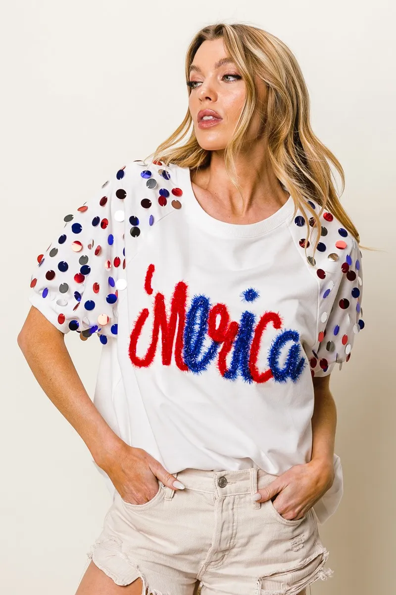 BiBi Metallic Letter Spangle Raglan Puff Sleeve Top - Image 3