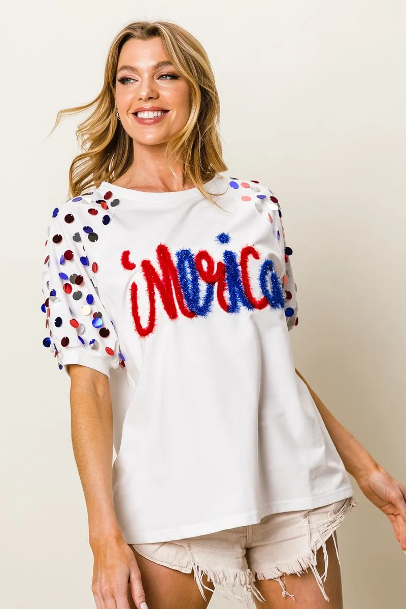 BiBi Metallic Letter Spangle Raglan Puff Sleeve Top - Image 4