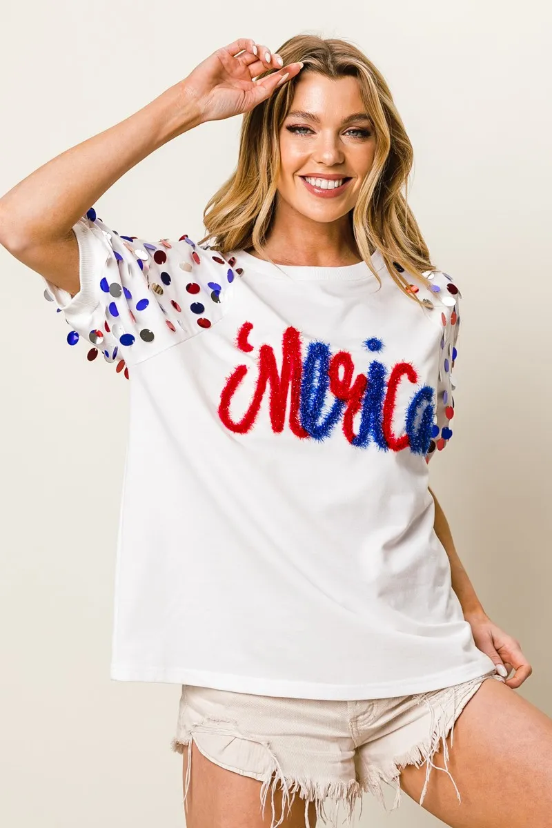 BiBi Metallic Letter Spangle Raglan Puff Sleeve Top - Image 5