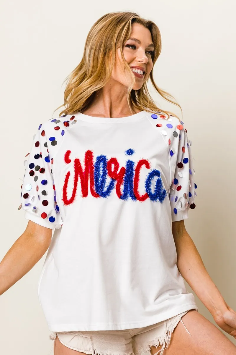 BiBi Metallic Letter Spangle Raglan Puff Sleeve Top - Image 7