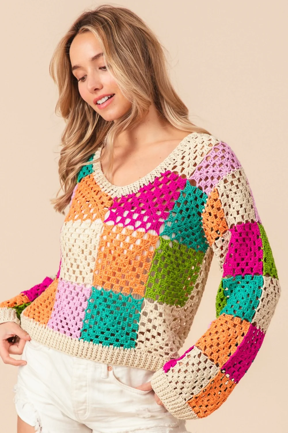 BiBi Multi Color Checkered Long Sleeve Knit Top - Image 3