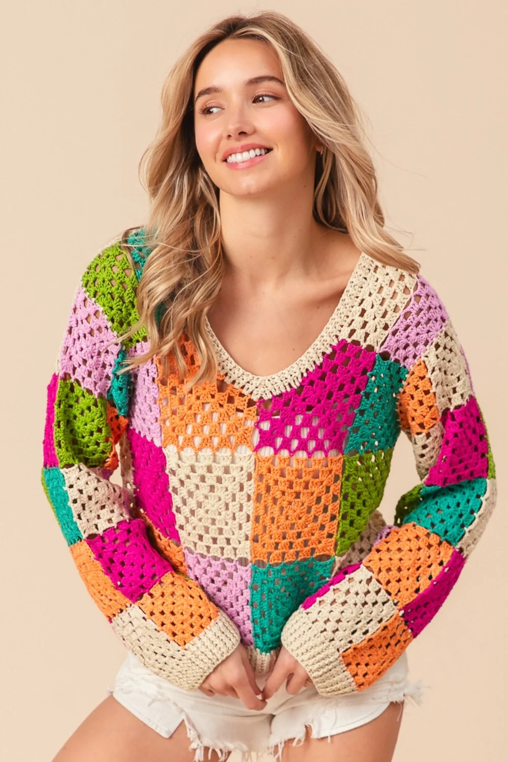 BiBi Multi Color Checkered Long Sleeve Knit Top - Image 4