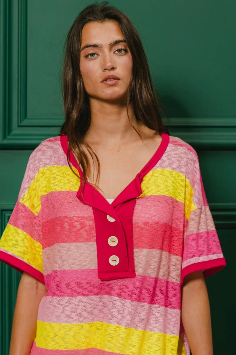 BiBi Multi Color Stripe Hacci Button Detail Ringer Top - Image 2