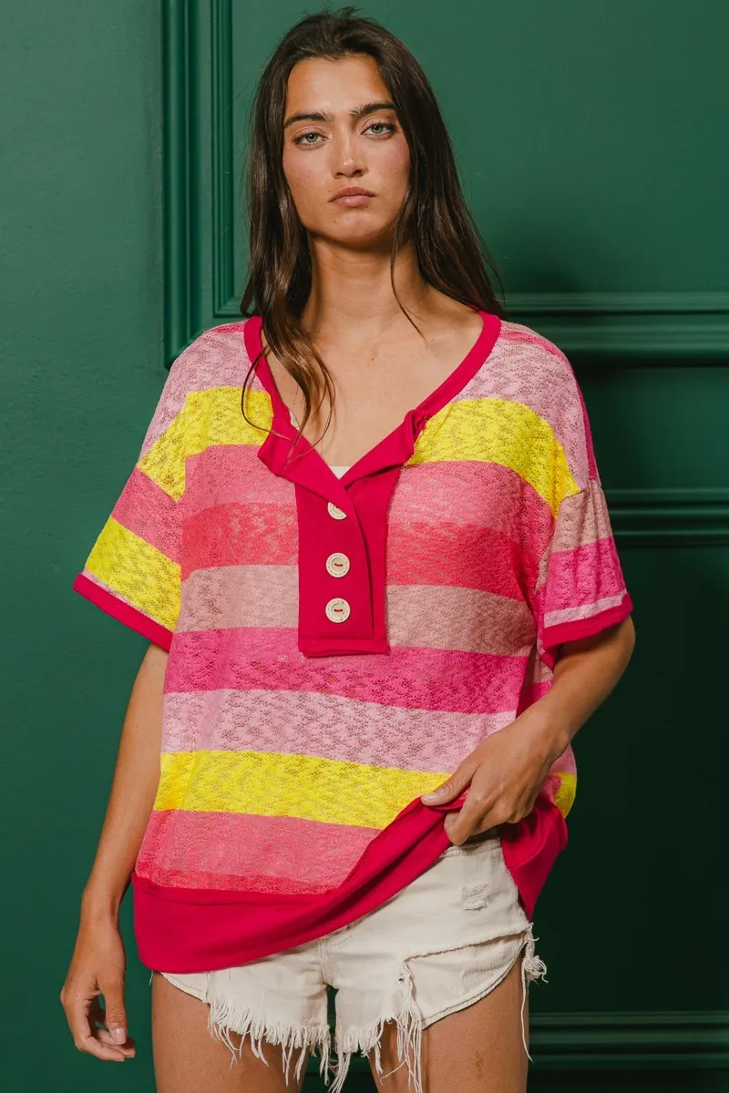 BiBi Multi Color Stripe Hacci Button Detail Ringer Top - Image 3