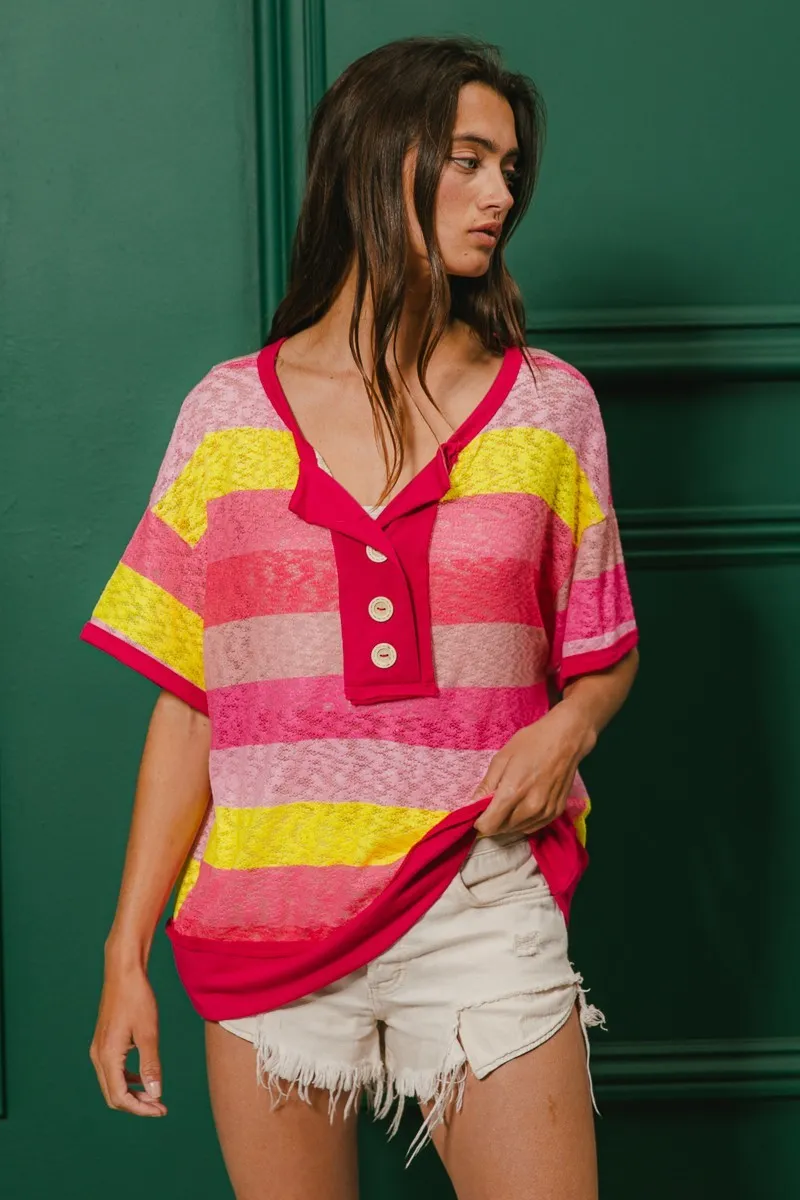 BiBi Multi Color Stripe Hacci Button Detail Ringer Top - Image 4