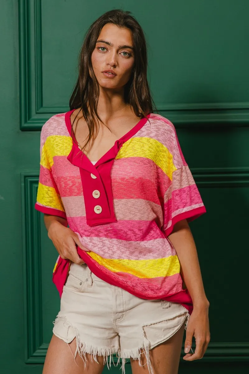 BiBi Multi Color Stripe Hacci Button Detail Ringer Top - Image 5