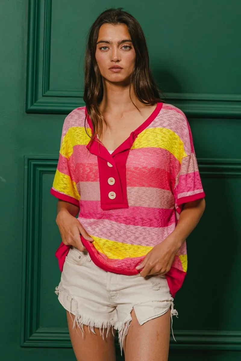 BiBi Multi Color Stripe Hacci Button Detail Ringer Top - Image 6