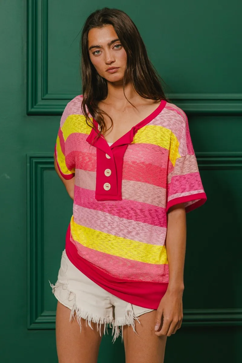 BiBi Multi Color Stripe Hacci Button Detail Ringer Top - Image 8