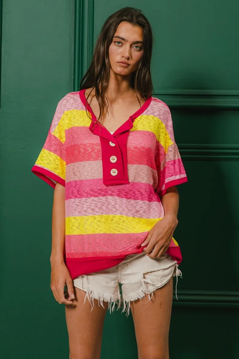 BiBi Multi Color Stripe Hacci Button Detail Ringer Top - Image 9