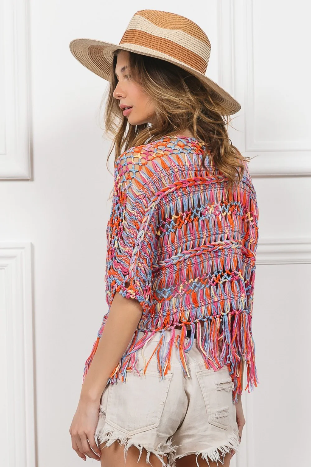 BiBi Open Front Fringed Crop Knit Cardigan - Image 2