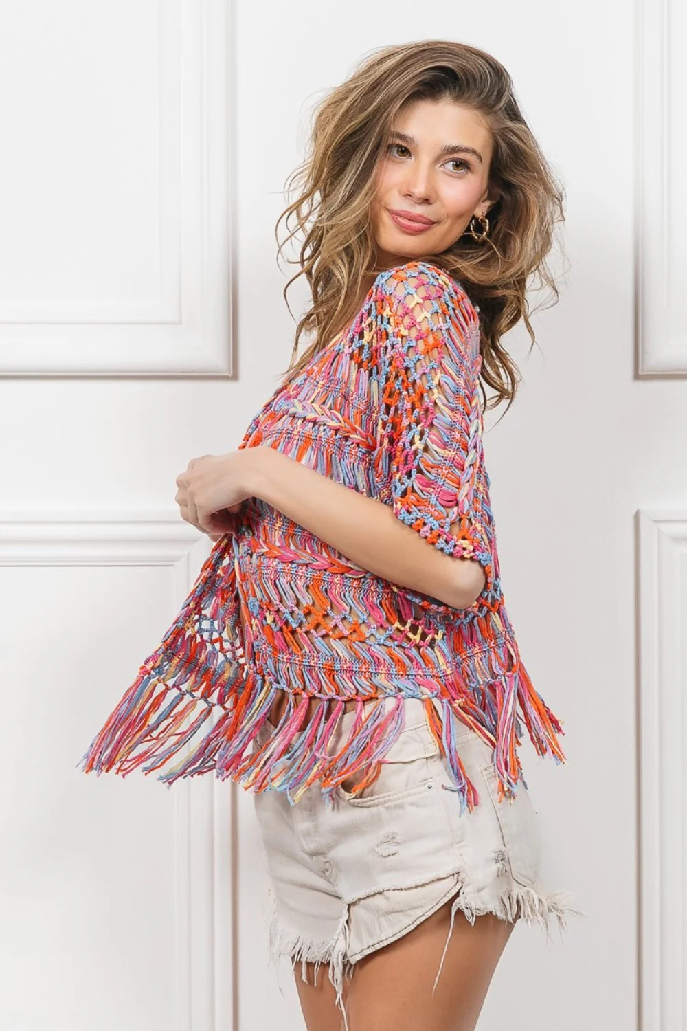 BiBi Open Front Fringed Crop Knit Cardigan - Image 3