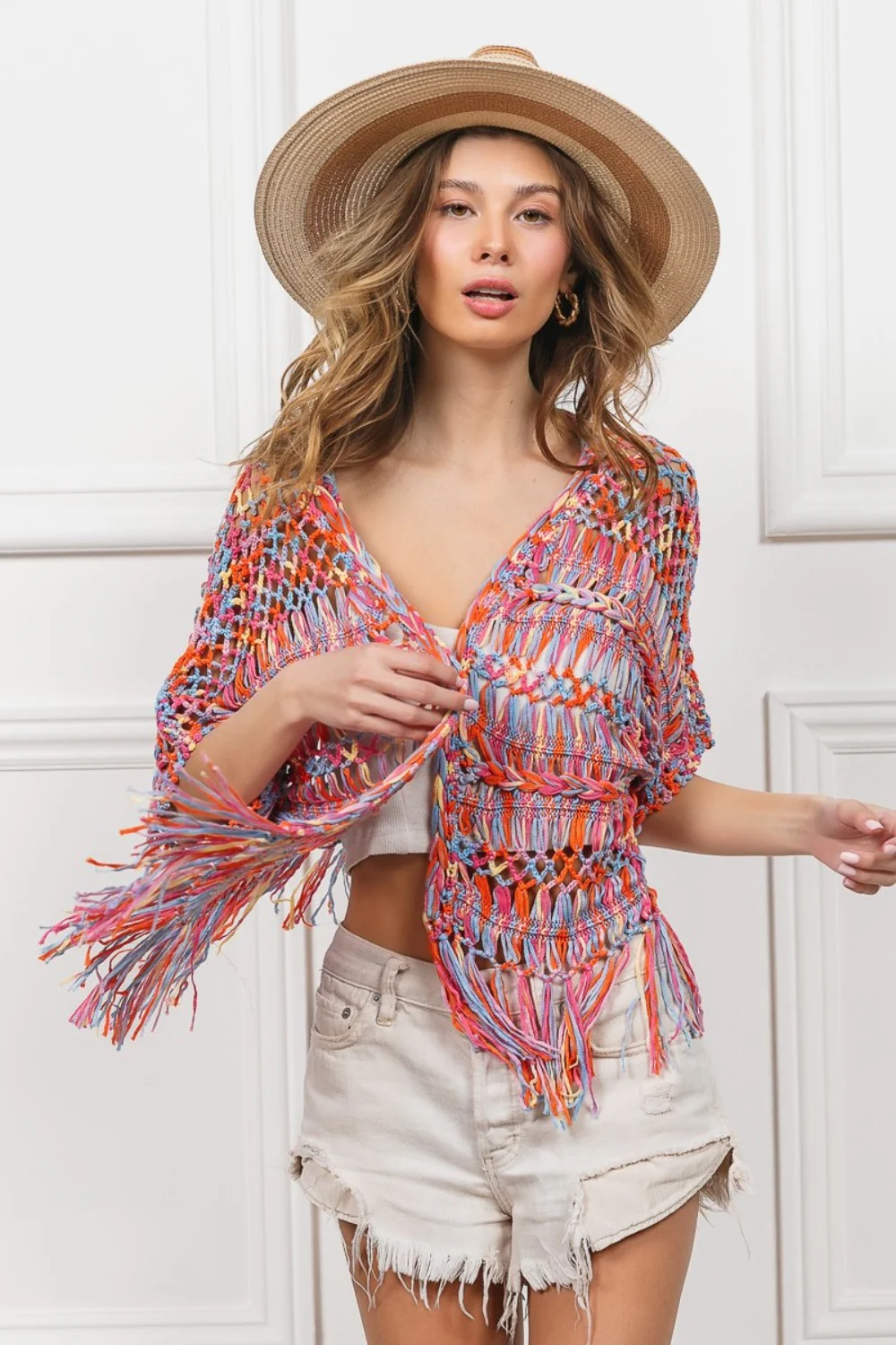 BiBi Open Front Fringed Crop Knit Cardigan - Image 5