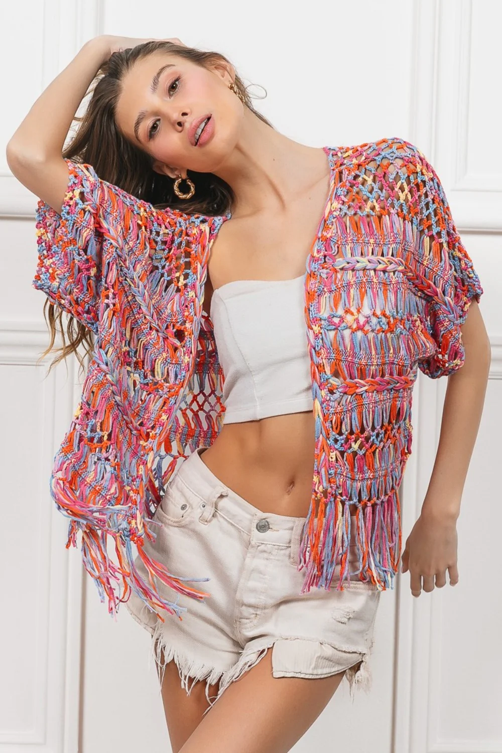 BiBi Open Front Fringed Crop Knit Cardigan - Image 6