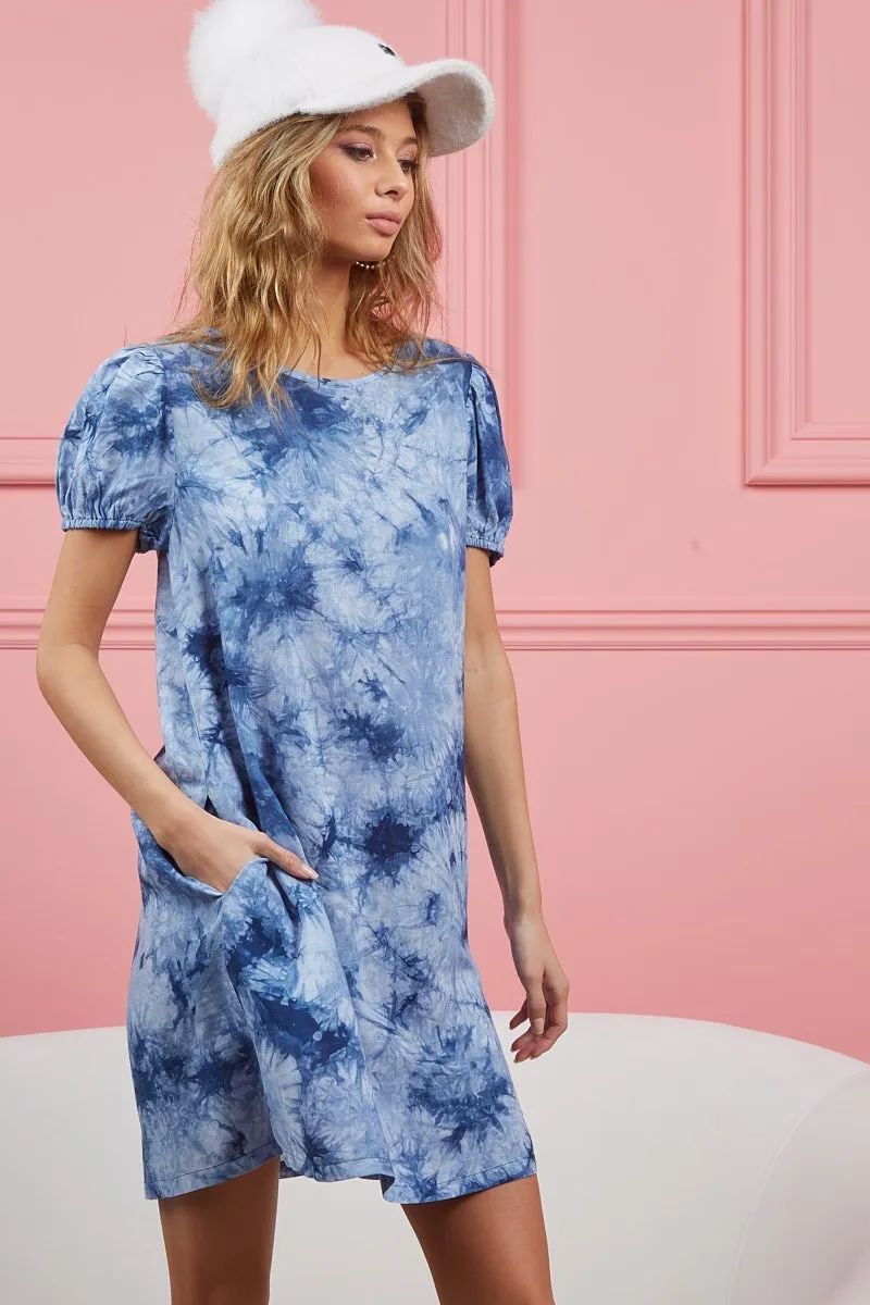 BiBi Puff Sleeve With Side Pockets Tie Dye Dress - Image 3