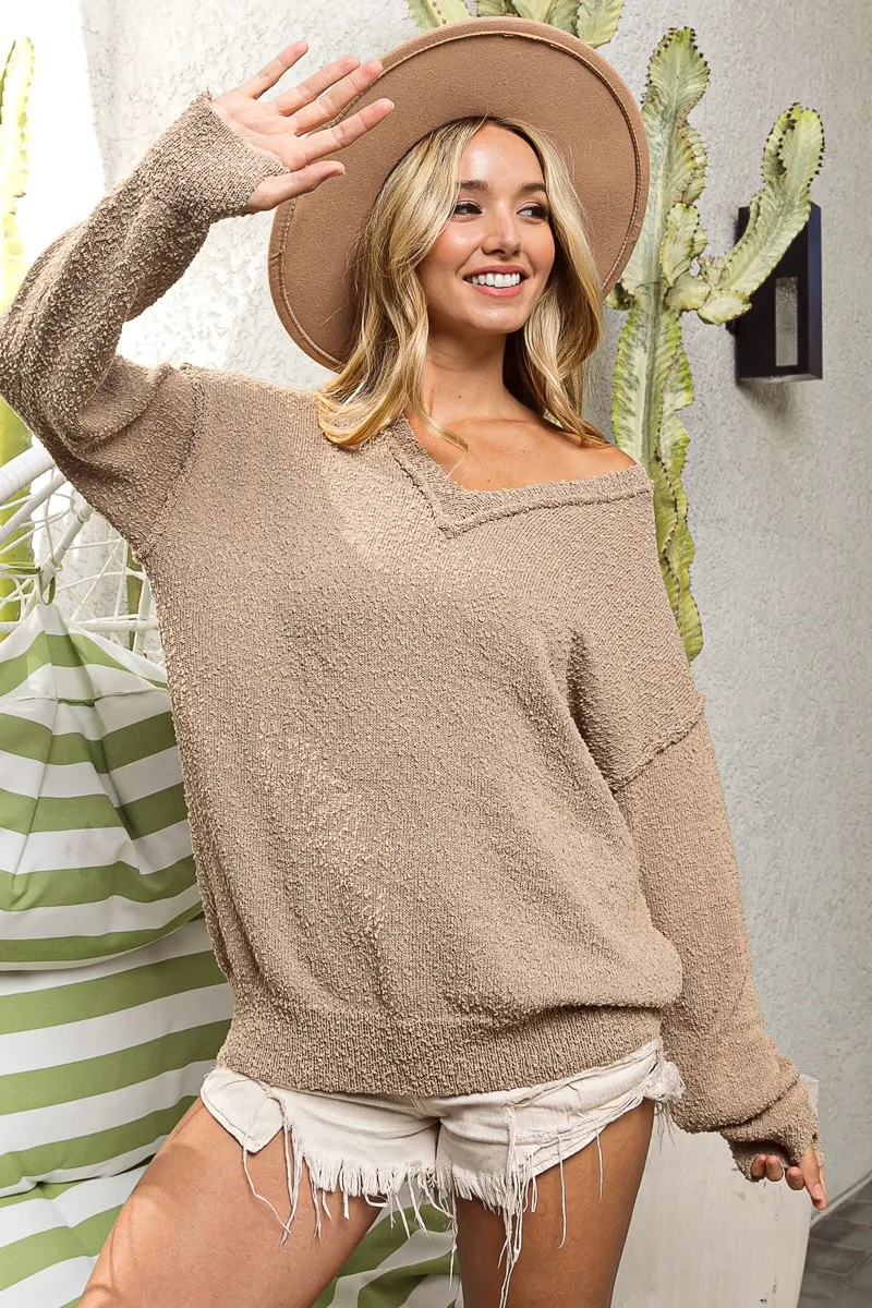 BiBi Raw Edged Popcorn Texture V-neck Sweater - Image 10