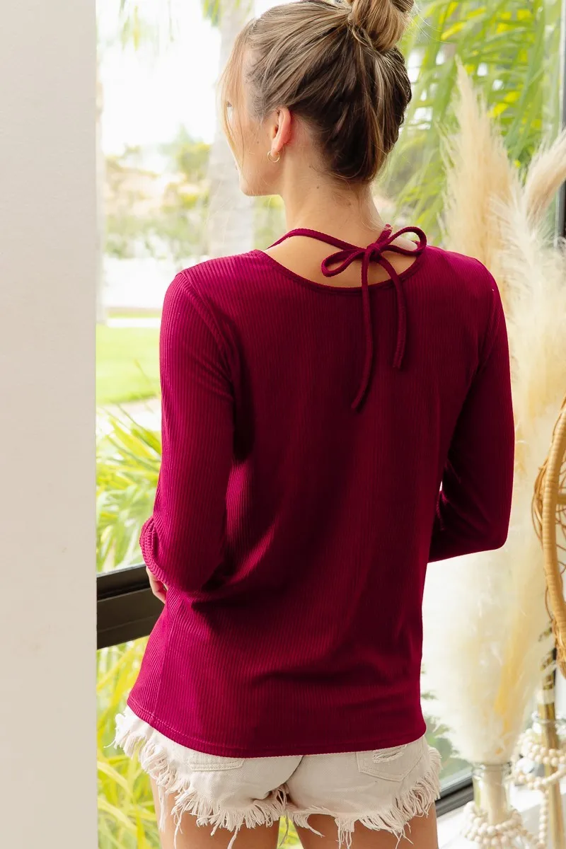 BiBi Rib Knit With Cut Out and Tied Neck Detailed Top - Image 10