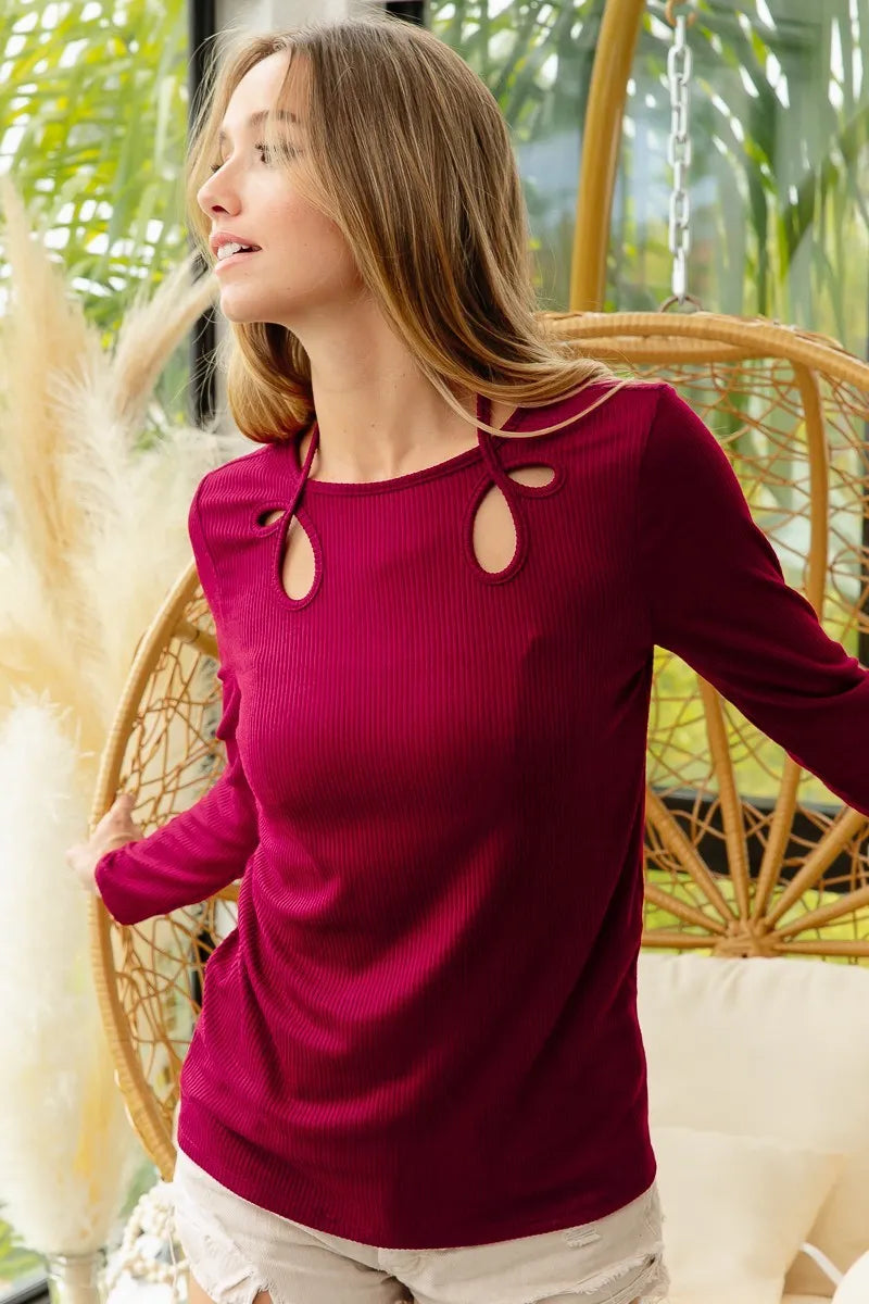 BiBi Rib Knit With Cut Out and Tied Neck Detailed Top - Image 6