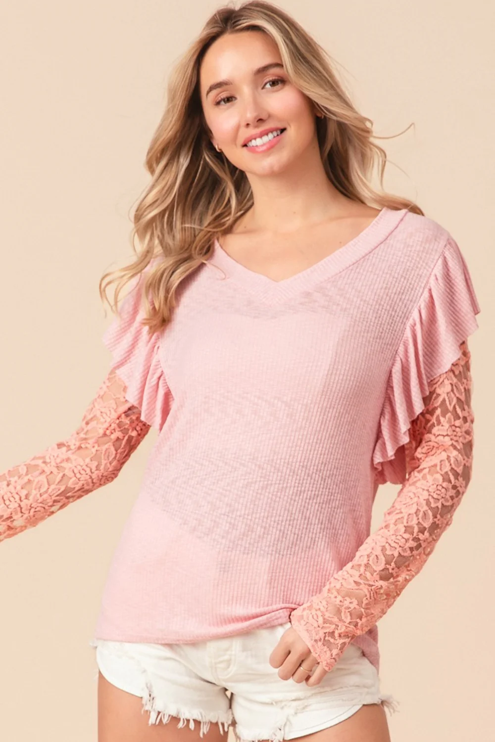BiBi Ruffled Lace Sleeve Rib Knit Top - Image 4