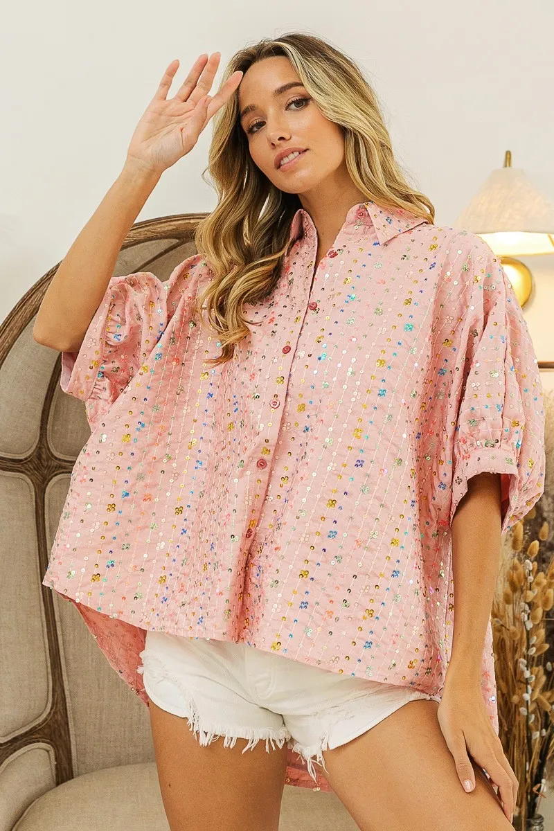 BiBi Sequin Striped Short Dolman Sleeve Blouse - Image 4