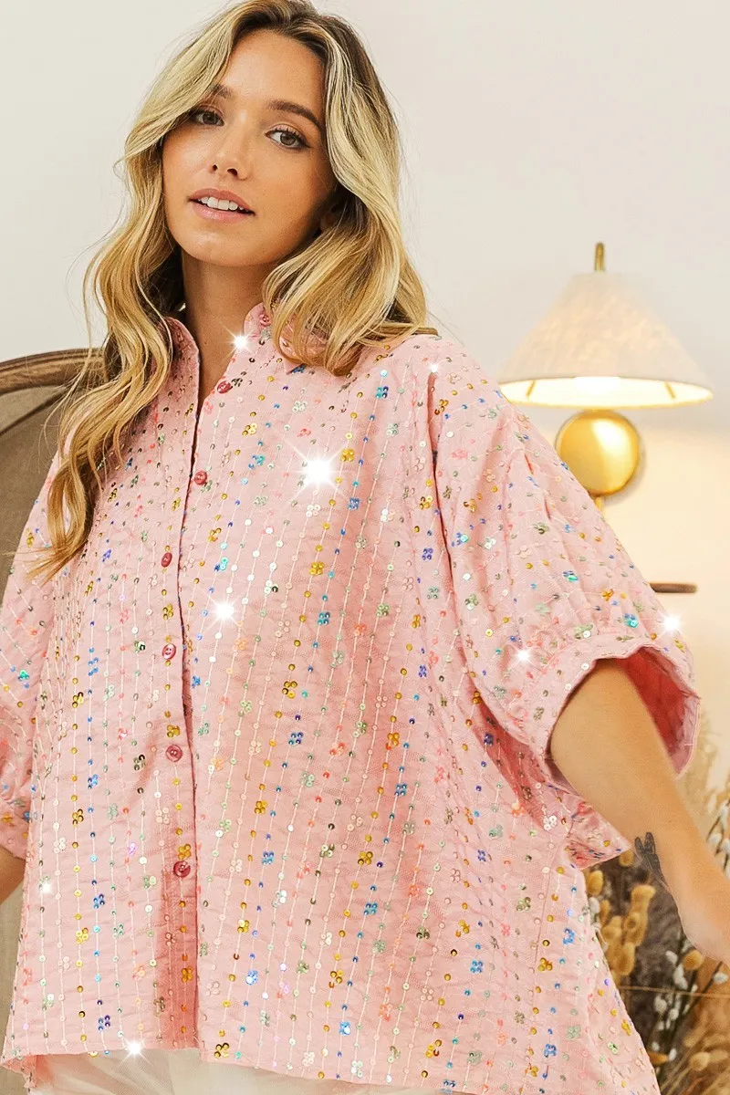 BiBi Sequin Striped Short Dolman Sleeve Blouse - Image 7