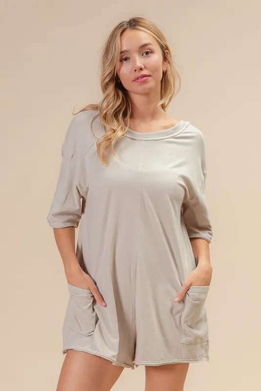 BiBi Short Sleeve Back Open Washed Romper - Image 2