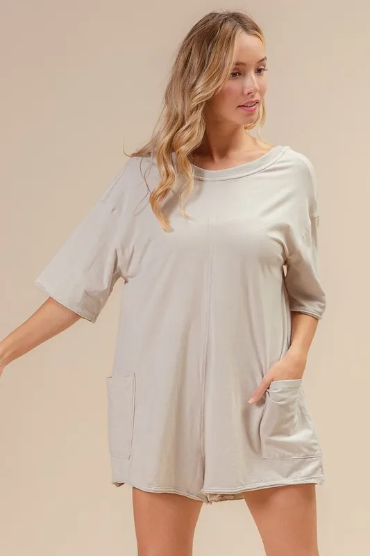 BiBi Short Sleeve Back Open Washed Romper - Image 3