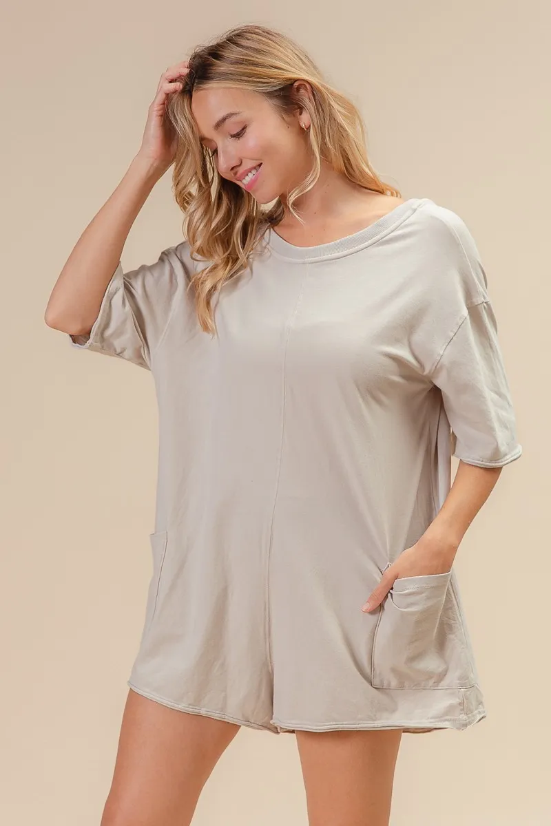 BiBi Short Sleeve Back Open Washed Romper - Image 4