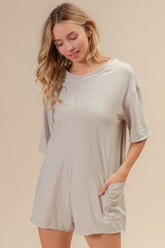 BiBi Short Sleeve Back Open Washed Romper - Image 5