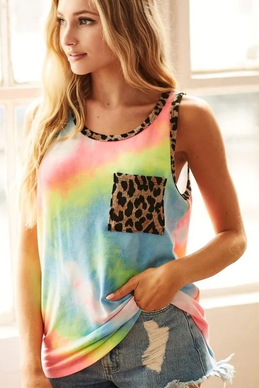 BiBi Sleeveless Tie Dye Top with Leopard Band - Image 3