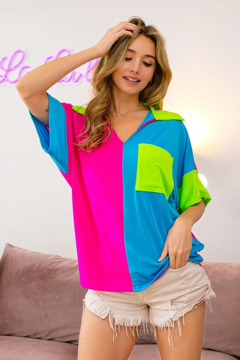 BiBi Slinky Knit Color Block V Neck Front Top - Image 2