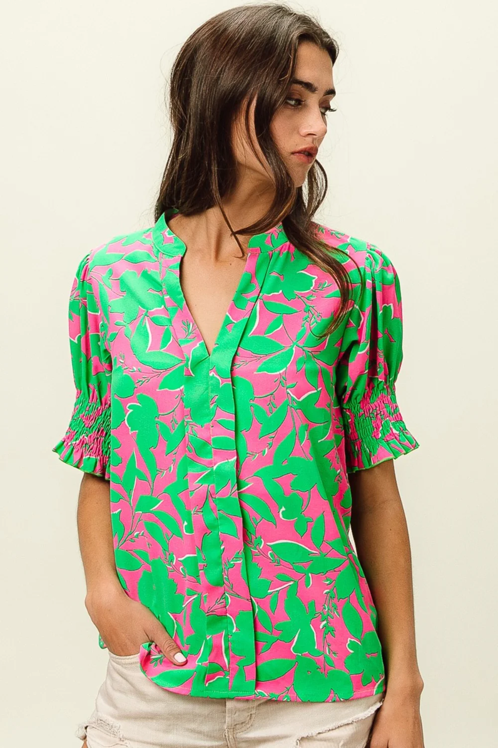 BiBi Smocked Cuff Floral Contrast Top - Image 5