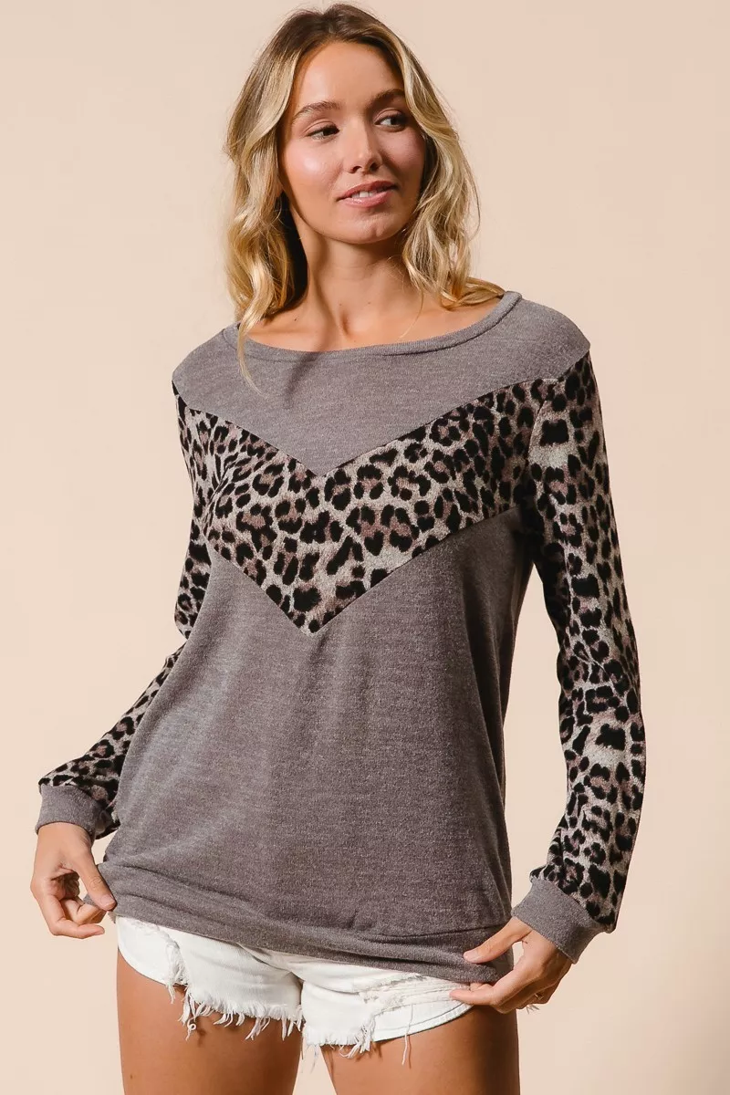 BiBi Sweater Knit Top With Leopard V Shape Block - Image 2