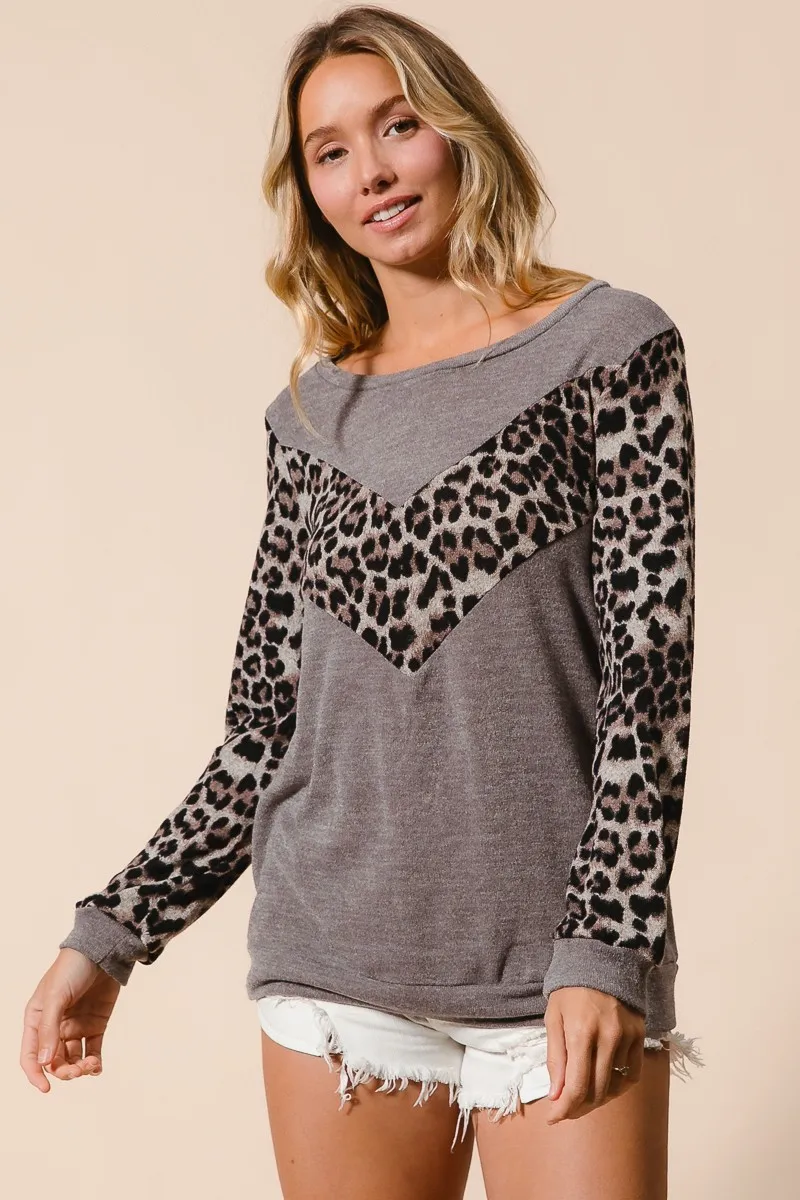BiBi Sweater Knit Top With Leopard V Shape Block - Image 3