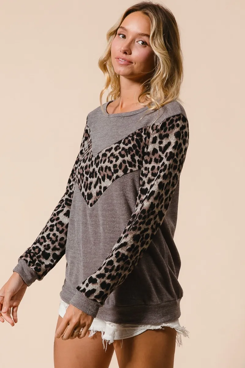 BiBi Sweater Knit Top With Leopard V Shape Block - Image 9