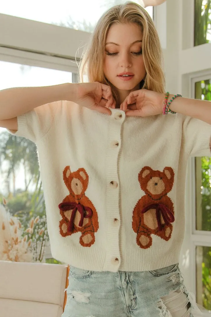BiBi Teddy Bear With Bow Patched Sweater Button Down Top - Image 6