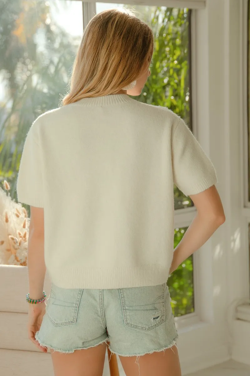 BiBi Teddy Bear With Bow Patched Sweater Button Down Top - Image 7
