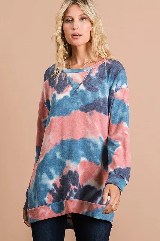 BiBi Tie Dye French Terry Pull Over with Front Stitching Detail