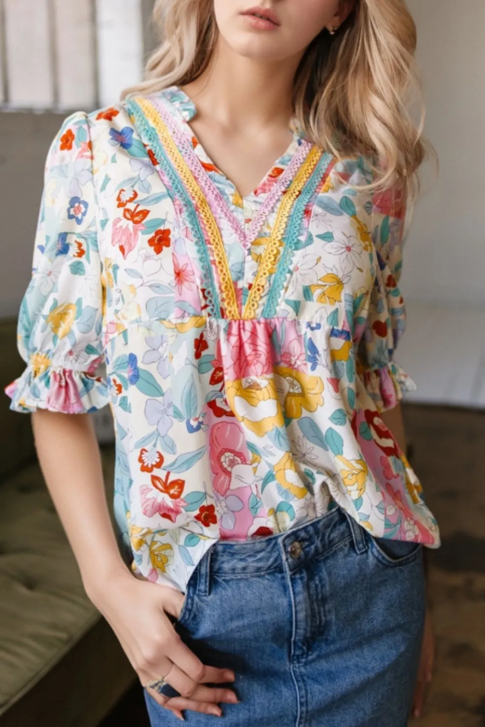 Boho Flower Print Half Puff Sleeve Blouse - Image 2