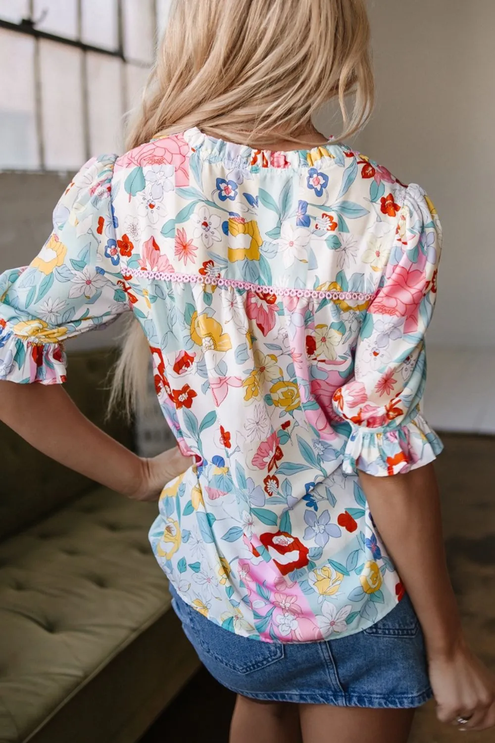 Boho Flower Print Half Puff Sleeve Blouse - Image 3