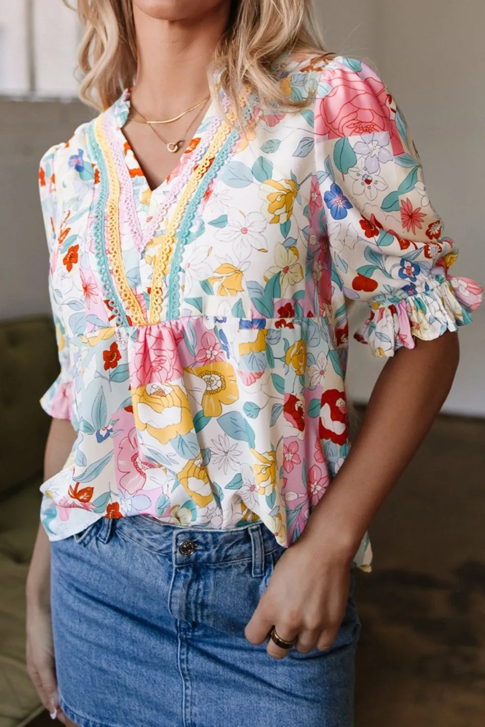 Boho Flower Print Half Puff Sleeve Blouse - Image 4