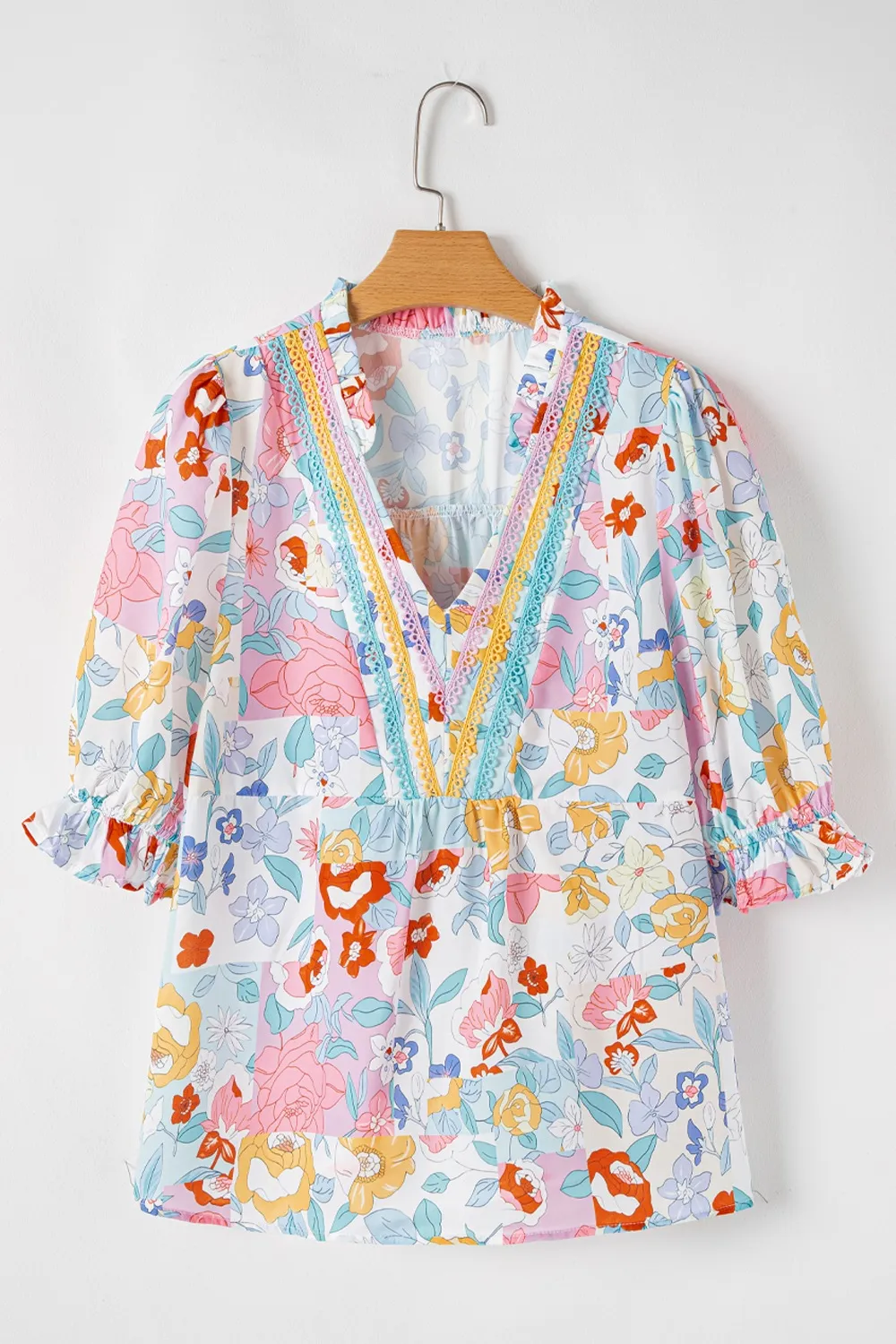 Boho Flower Print Half Puff Sleeve Blouse - Image 6